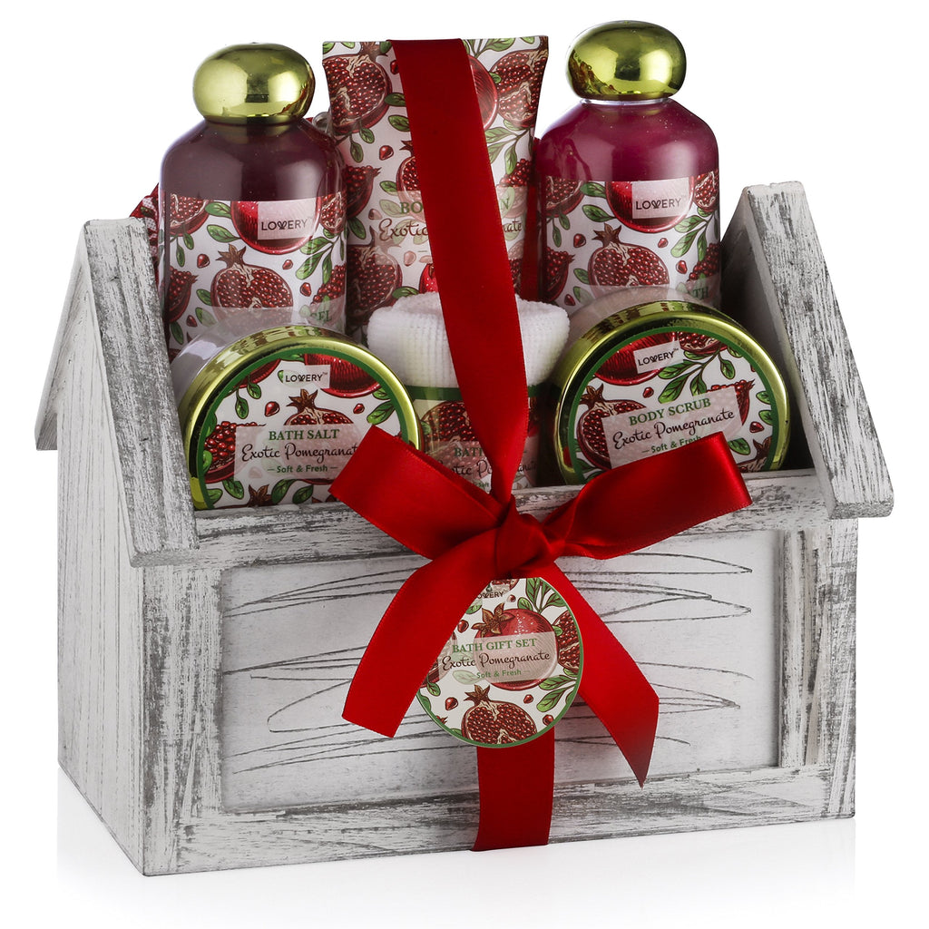 LOVERY Birthday Spa Gift Basket – 8pc Home Spa Set with Exotic Pomegranate