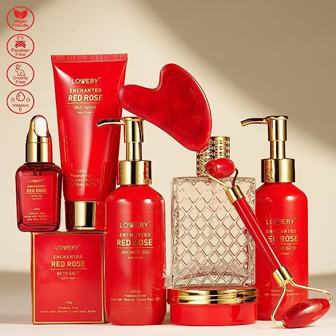 LOVERY Valentines Day Gifts for Her – Red Rose Spa Gift Set with Perfume, Jade Roller & Gua Sha