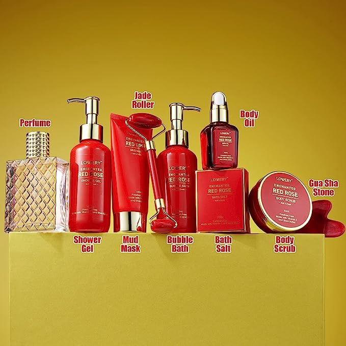 LOVERY Valentines Day Gifts for Her – Red Rose Spa Gift Set with Perfume, Jade Roller & Gua Sha