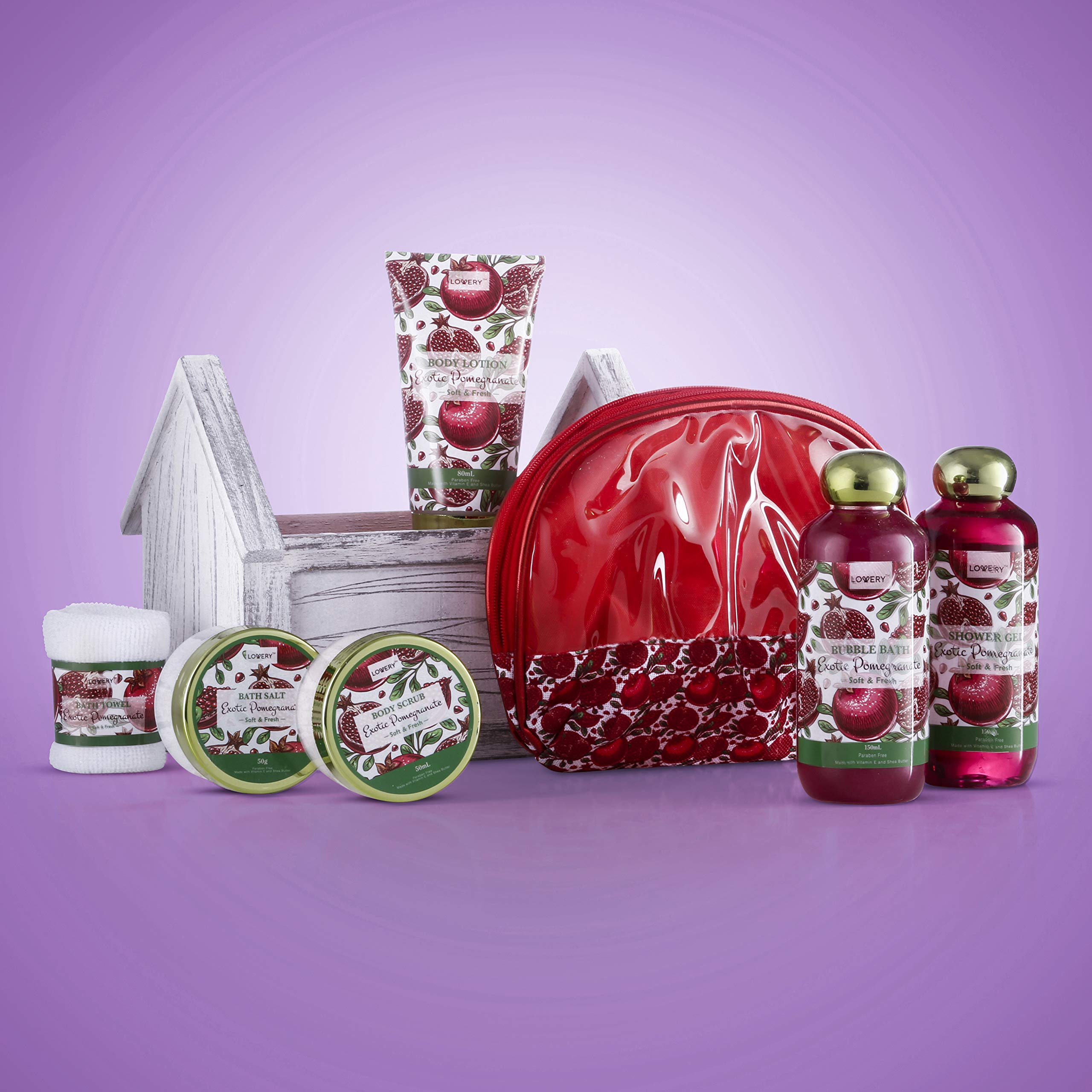 LOVERY Birthday Spa Gift Basket – 8pc Home Spa Set with Exotic Pomegranate