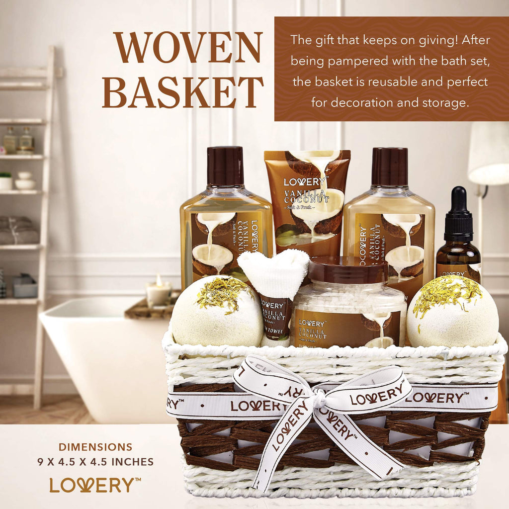 LOVERY 9-Piece Vanilla Coconut Spa Gift Basket for Women – Luxurious Bath & Body Set