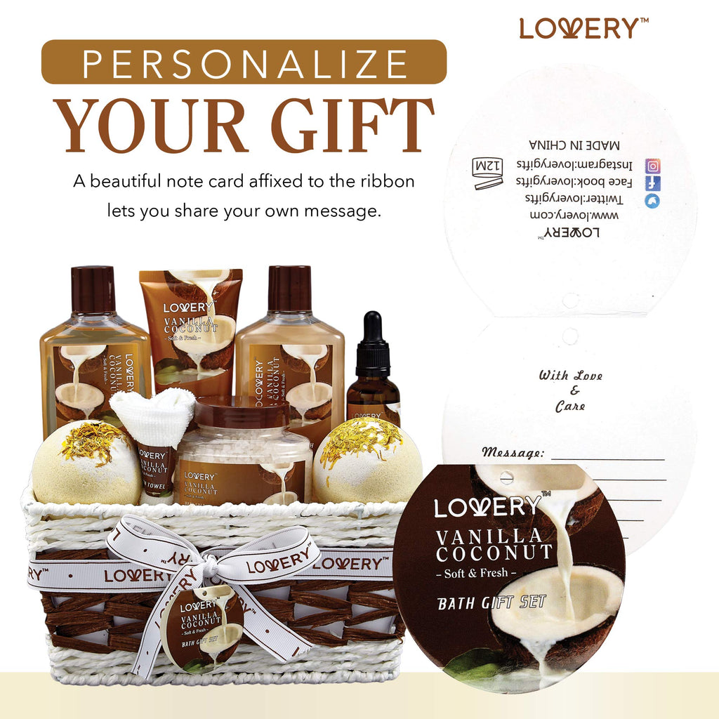 LOVERY 9-Piece Vanilla Coconut Spa Gift Basket for Women – Luxurious Bath & Body Set