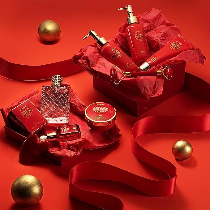 LOVERY Valentines Day Gifts for Her – Red Rose Spa Gift Set with Perfume, Jade Roller & Gua Sha