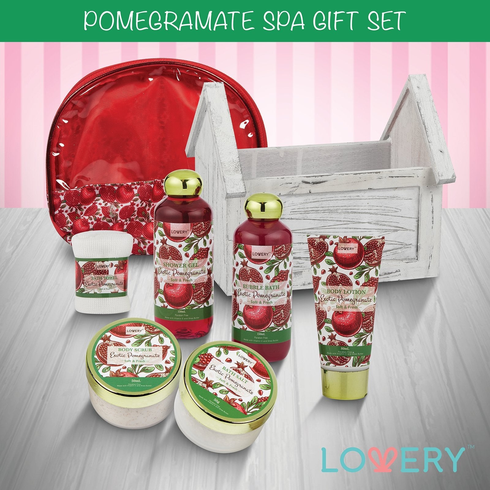 LOVERY Birthday Spa Gift Basket – 8pc Home Spa Set with Exotic Pomegranate