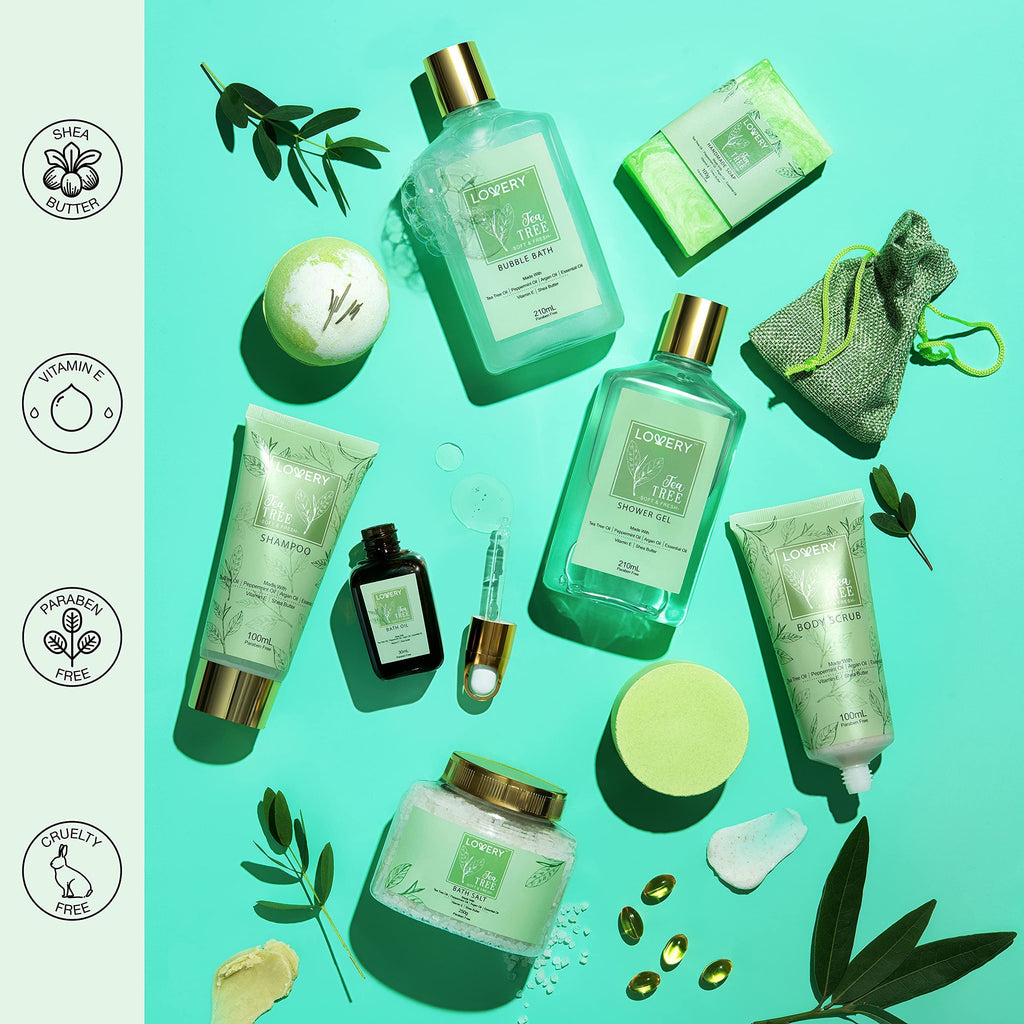 Lovery Tea Tree Bath Set – Luxury 15-Piece Spa Gift Basket with Calming Mint Fragrance