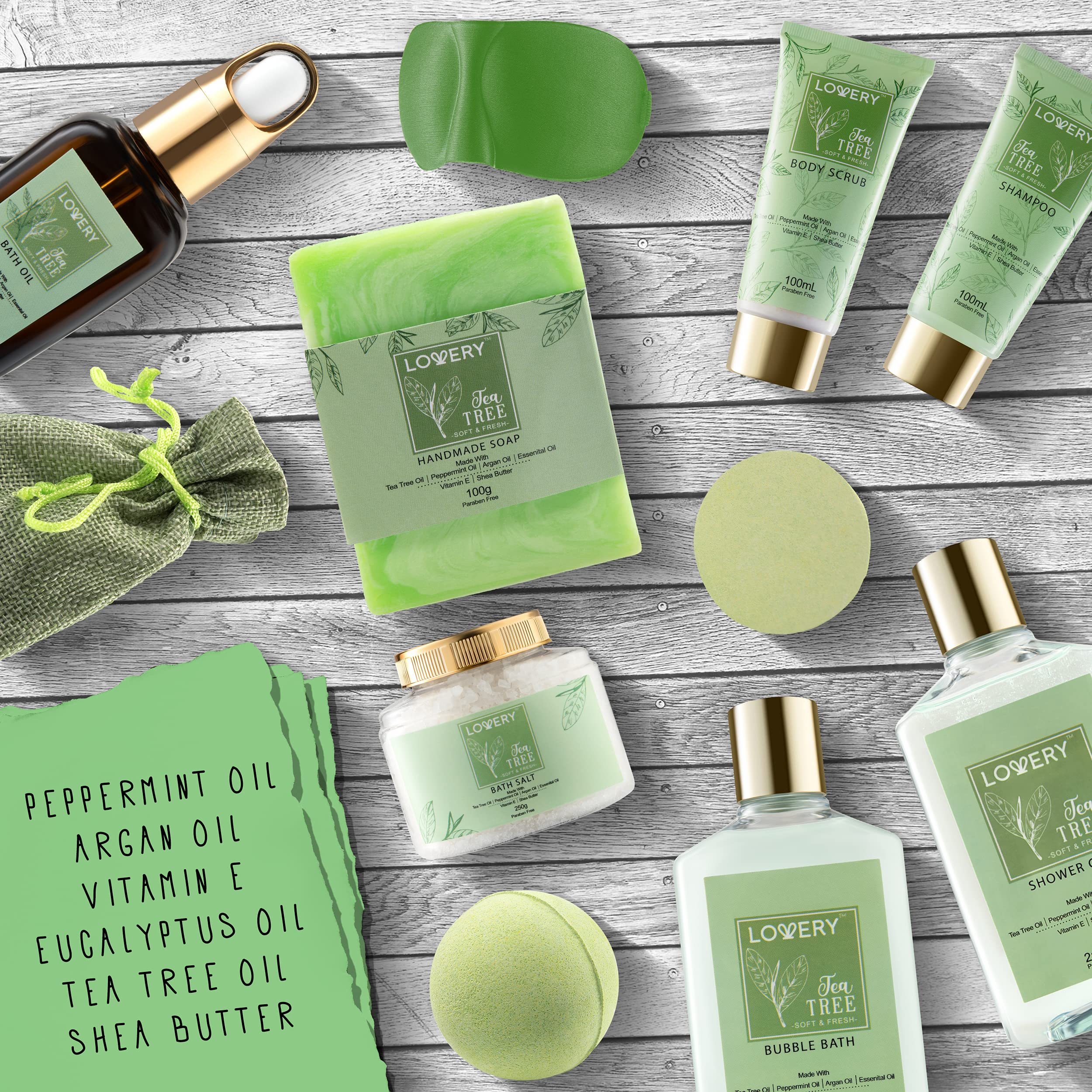 Lovery Tea Tree Bath Set – Luxury 15-Piece Spa Gift Basket with Calming Mint Fragrance