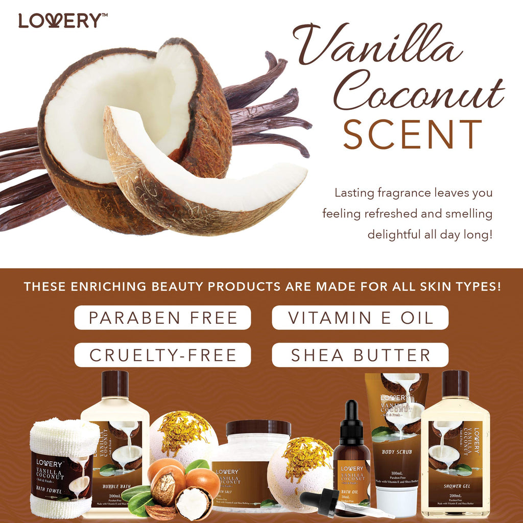 LOVERY 9-Piece Vanilla Coconut Spa Gift Basket for Women – Luxurious Bath & Body Set