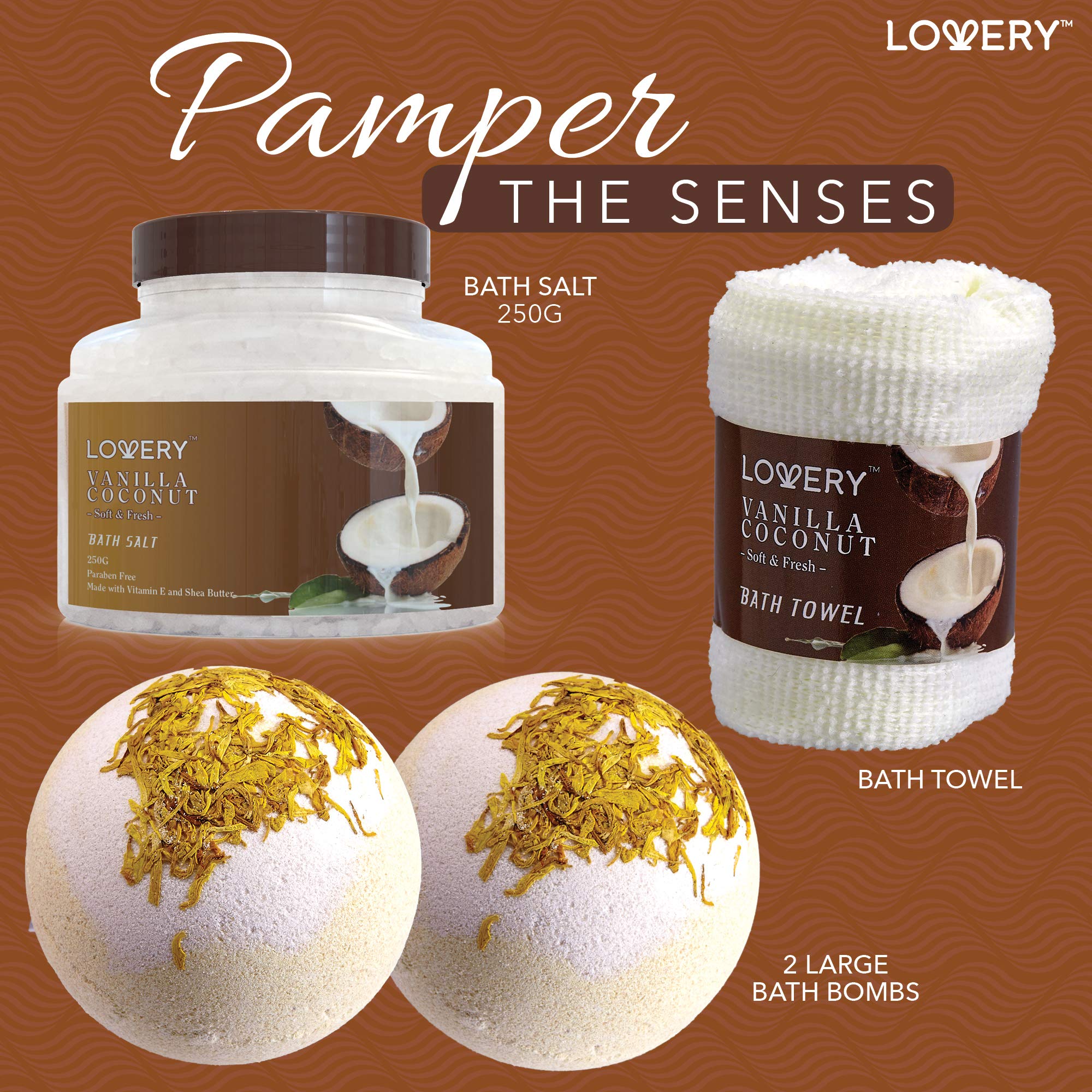 LOVERY 9-Piece Vanilla Coconut Spa Gift Basket for Women – Luxurious Bath & Body Set