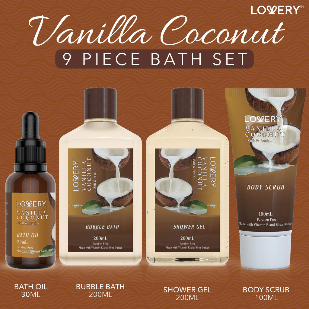 LOVERY 9-Piece Vanilla Coconut Spa Gift Basket for Women – Luxurious Bath & Body Set