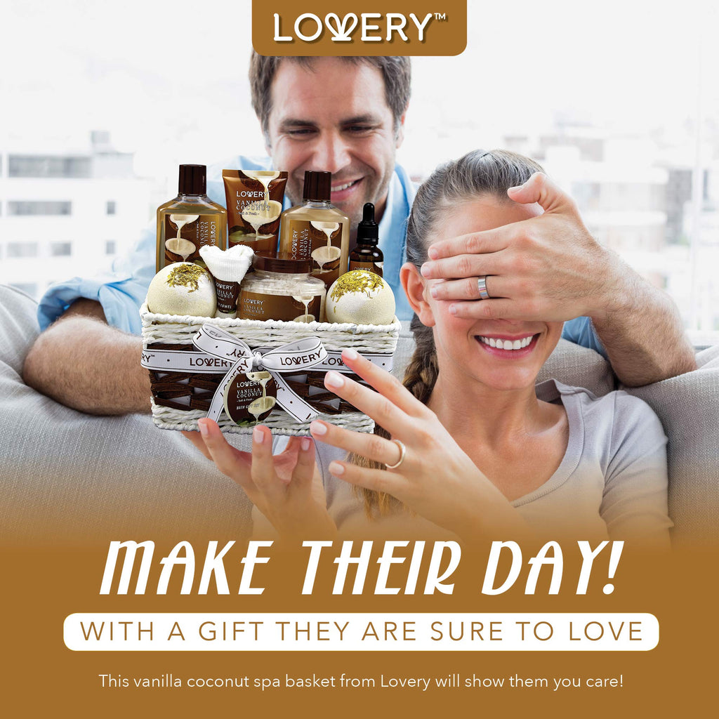 LOVERY 9-Piece Vanilla Coconut Spa Gift Basket for Women – Luxurious Bath & Body Set