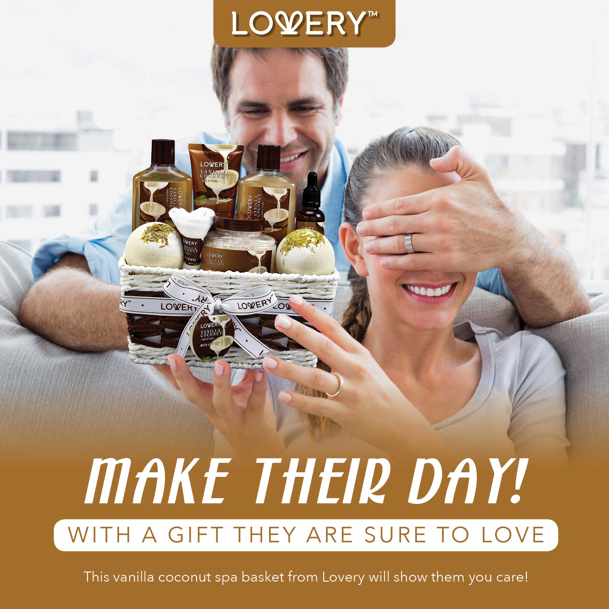 LOVERY 9-Piece Vanilla Coconut Spa Gift Basket for Women – Luxurious Bath & Body Set