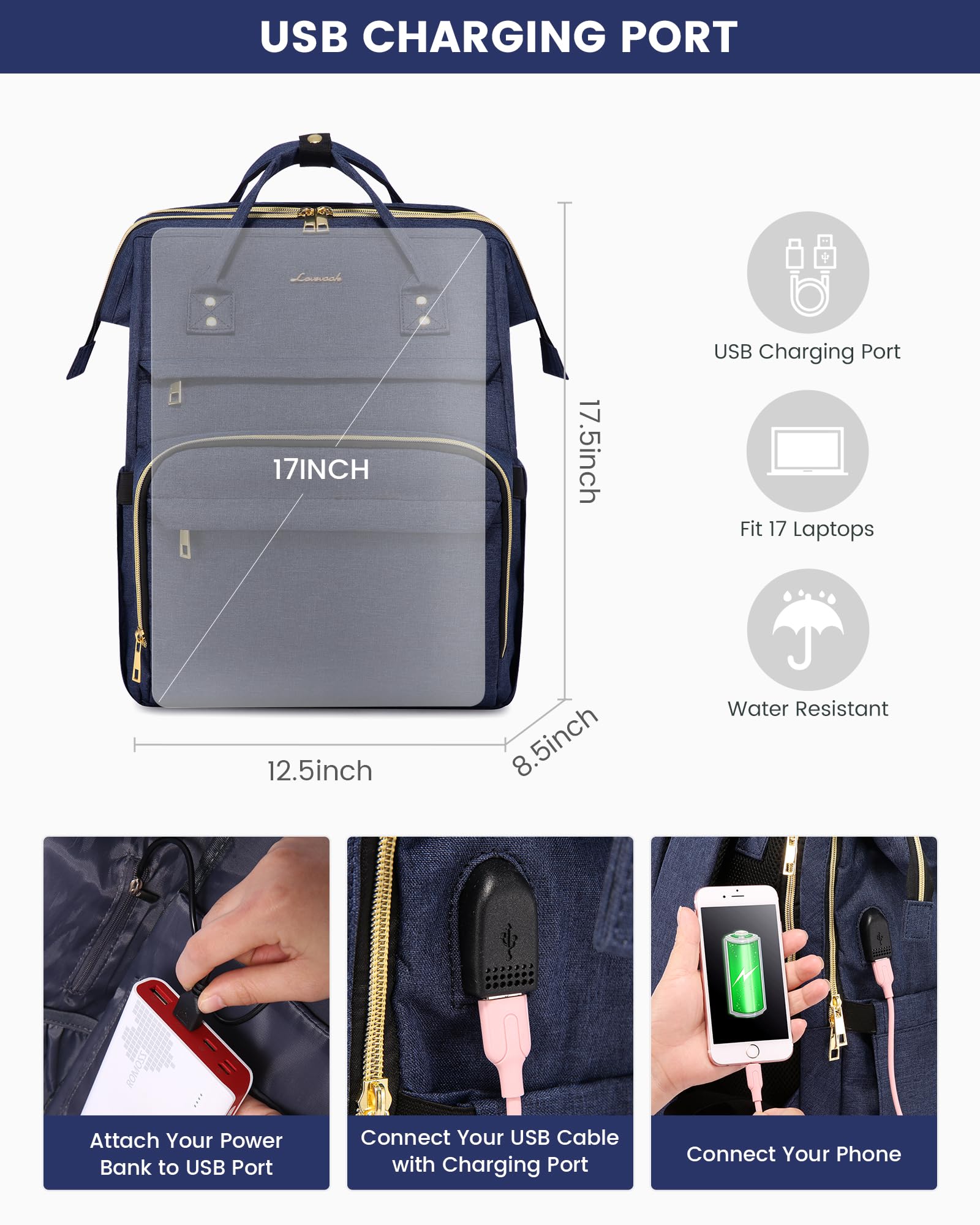 LOVEVOOK 17.3-Inch Laptop Backpack for Women – Navy, Water-Resistant, USB Port