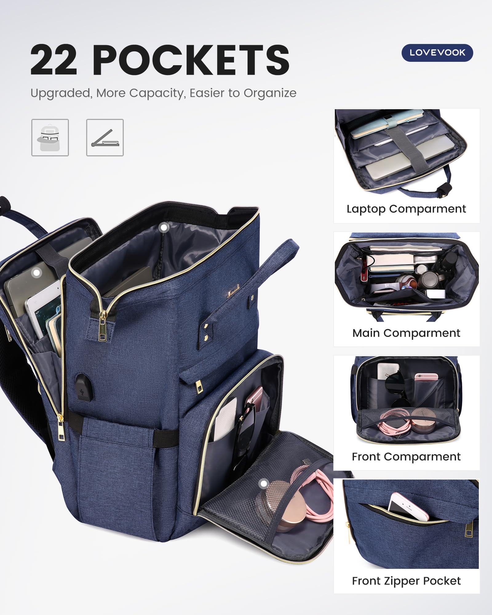 LOVEVOOK 17.3-Inch Laptop Backpack for Women – Navy, Water-Resistant, USB Port
