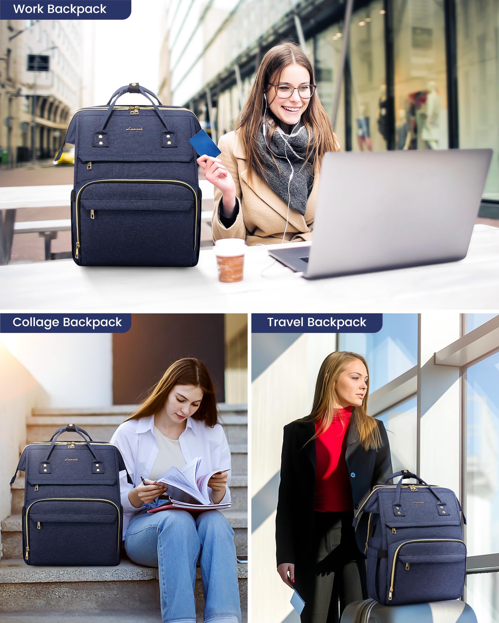 LOVEVOOK 17.3-Inch Laptop Backpack for Women – Navy, Water-Resistant, USB Port
