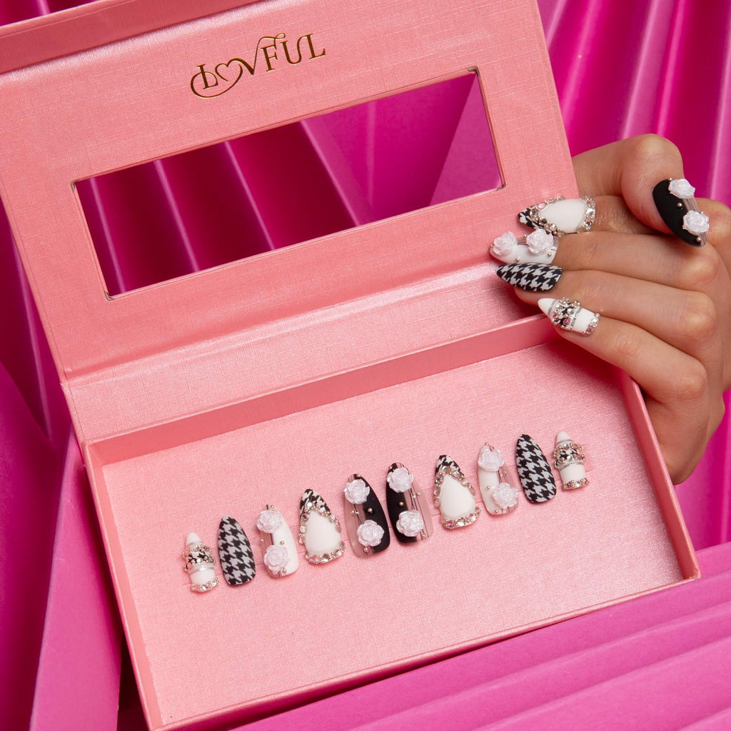 LOVFUL Houndstooth Press-On Nails – Full-Covered Crystals, Reusable Almond Regular 1.0 in