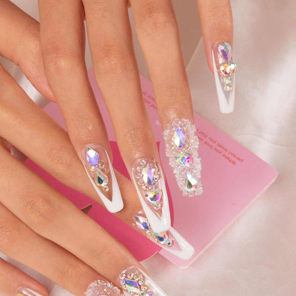 LOVFUL Aurora Light Press On Nails – Full Crystal Coverage, Reusable Coffin Classic 1.3 in | H36-M