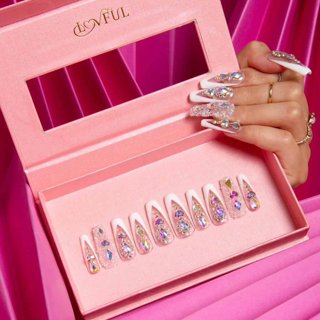 LOVFUL Aurora Light Press On Nails – Full Crystal Coverage, Reusable Coffin Classic 1.3 in | H36-M
