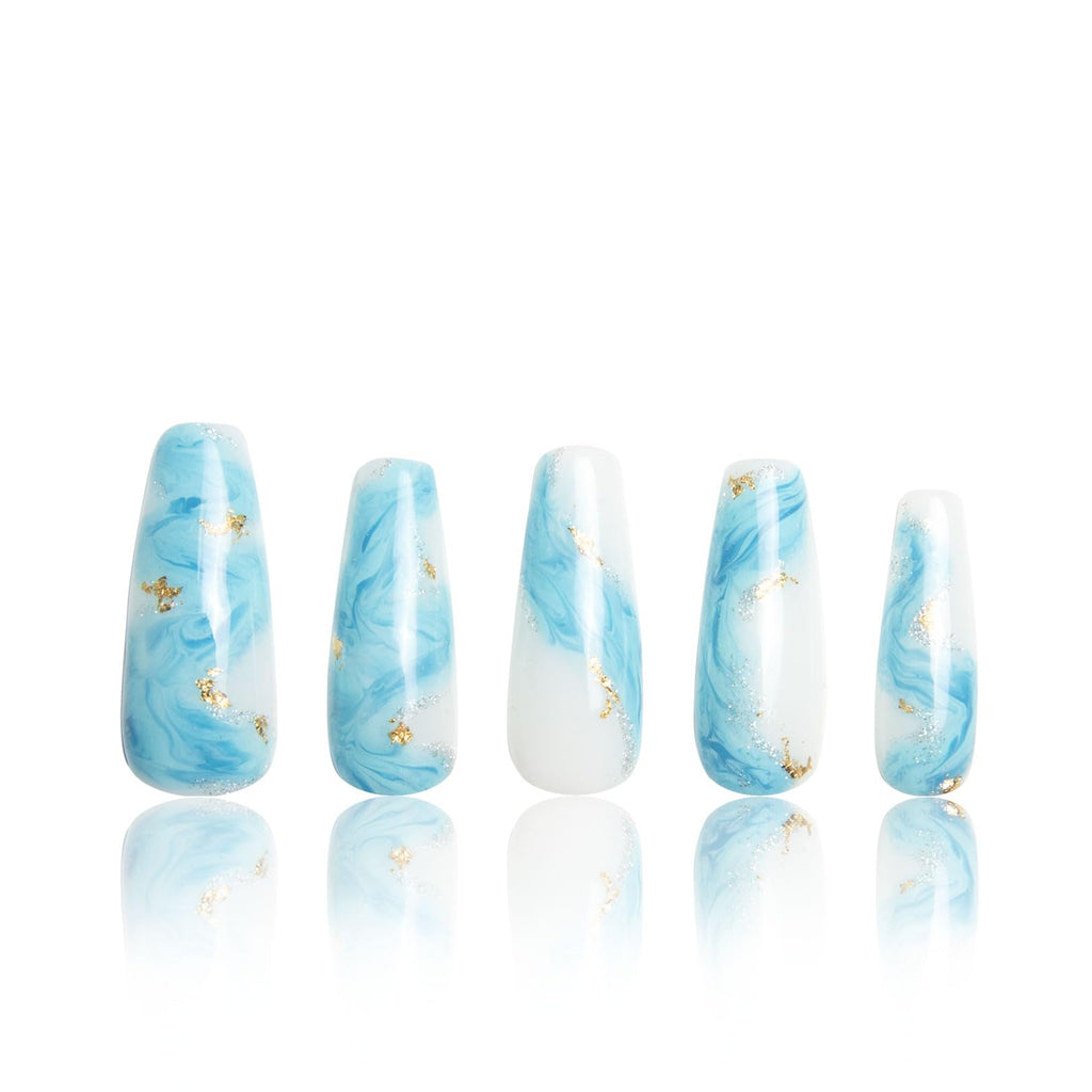 LOVFUL Blue Bay Wave French Tip Press-On Nails – Reusable Full-Cover Crystals (Coffin Classic 1.3 in)