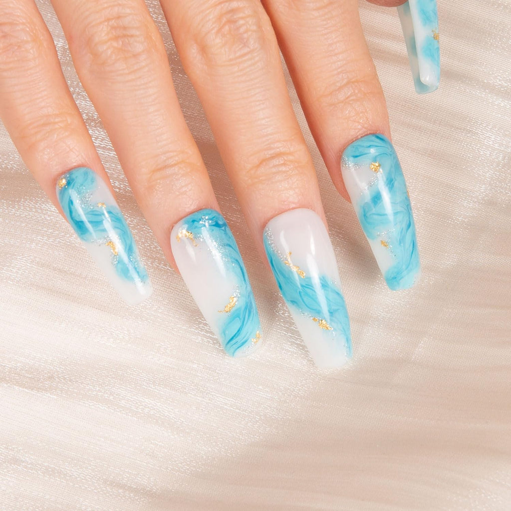 LOVFUL Blue Bay Wave French Tip Press-On Nails – Reusable Full-Cover Crystals (Coffin Classic 1.3 in)