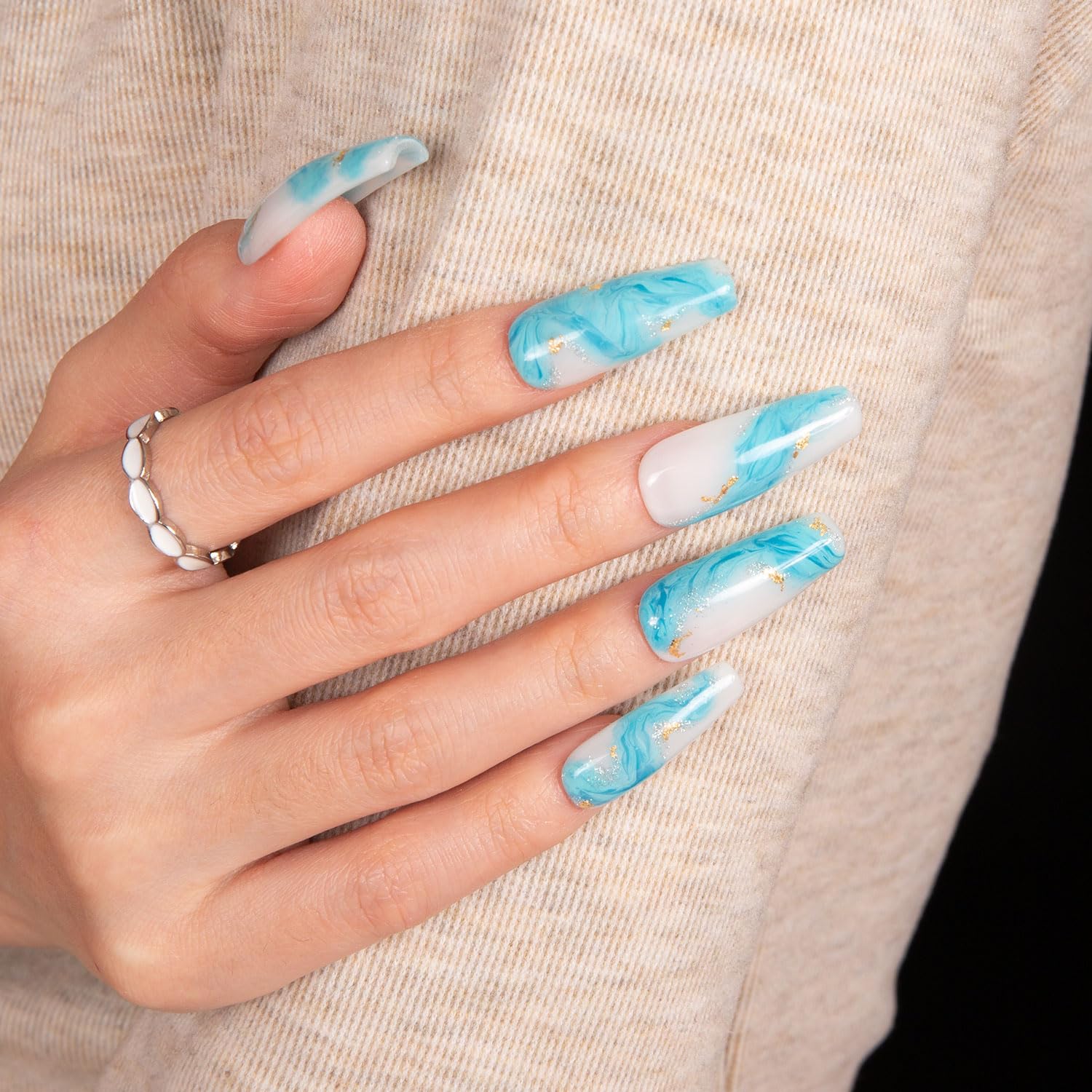 LOVFUL Blue Bay Wave French Tip Press-On Nails – Reusable Full-Cover Crystals (Coffin Classic 1.3 in)