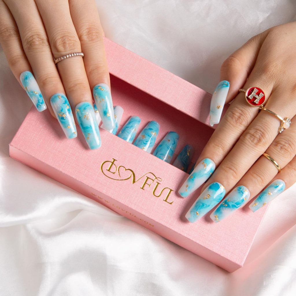 LOVFUL Blue Bay Wave French Tip Press-On Nails – Reusable Full-Cover Crystals (Coffin Classic 1.3 in)