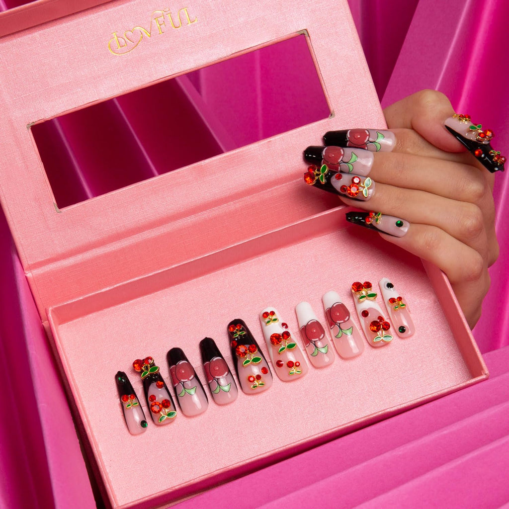 LOVFUL My Sweetie French Tip Press-On Nails – Full Crystal, Reusable Coffin Classic 1.3 in