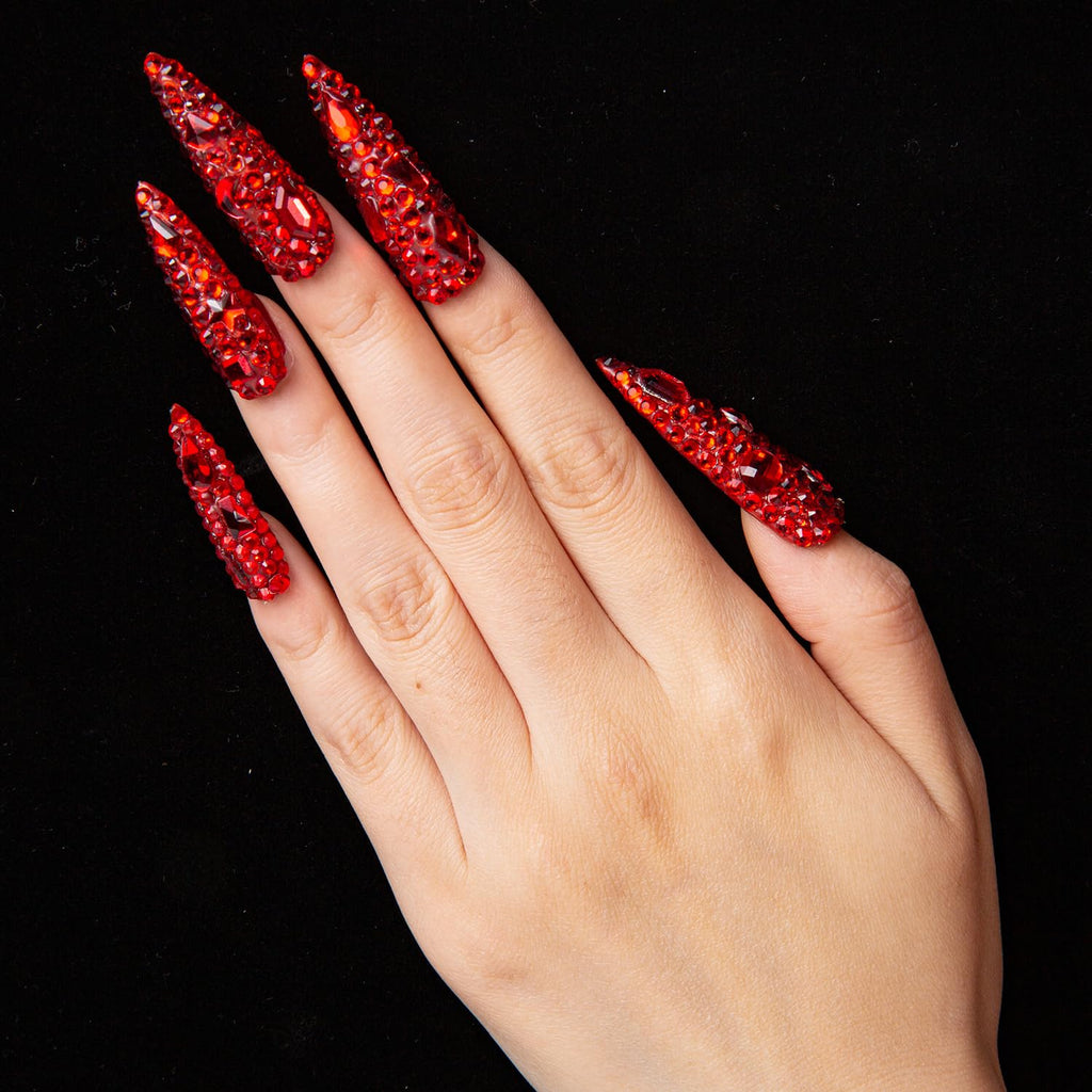 LOVFUL Flaming Luxury Red Stiletto Press-On Nails – Full Crystal, Reusable, 1.7in Mid Length