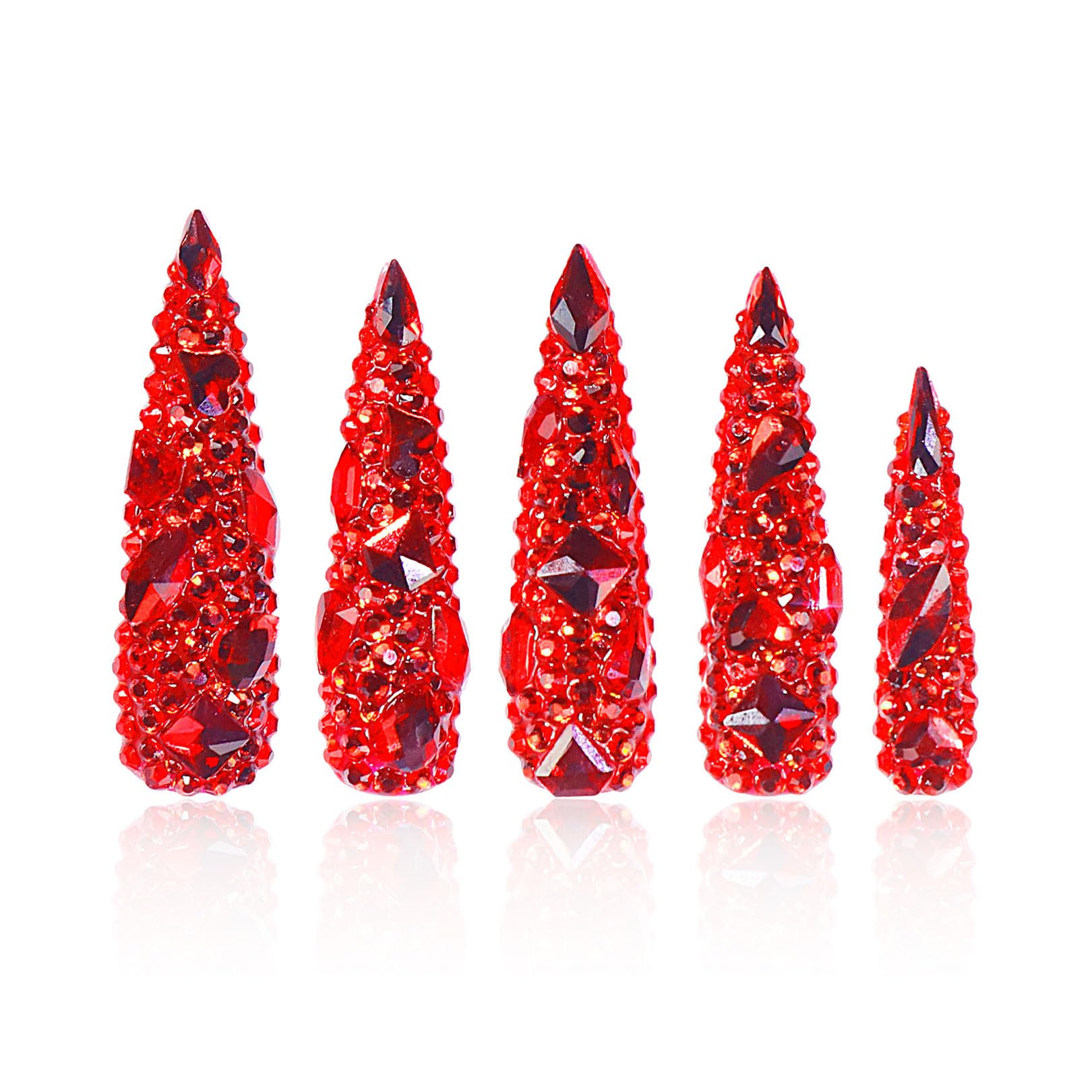 LOVFUL Flaming Luxury Red Stiletto Press-On Nails – Full Crystal, Reusable, 1.7in Mid Length