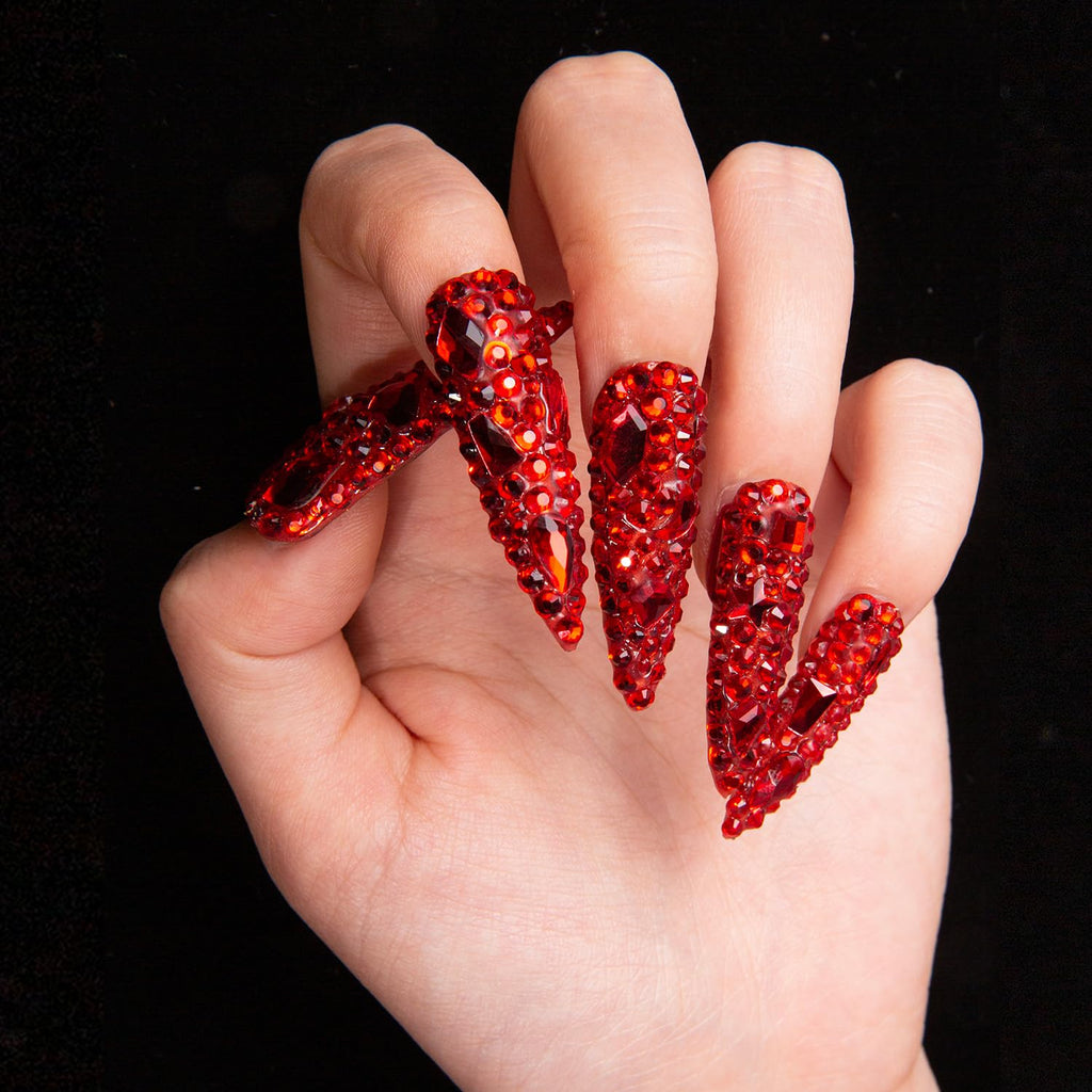 LOVFUL Flaming Luxury Red Stiletto Press-On Nails – Full Crystal, Reusable, 1.7in Mid Length