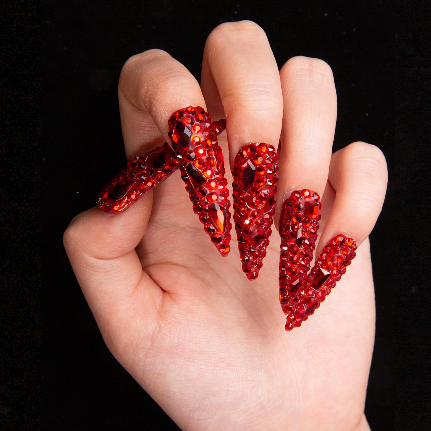 LOVFUL Flaming Luxury Red Stiletto Press-On Nails – Full Crystal, Reusable, 1.7in Mid Length