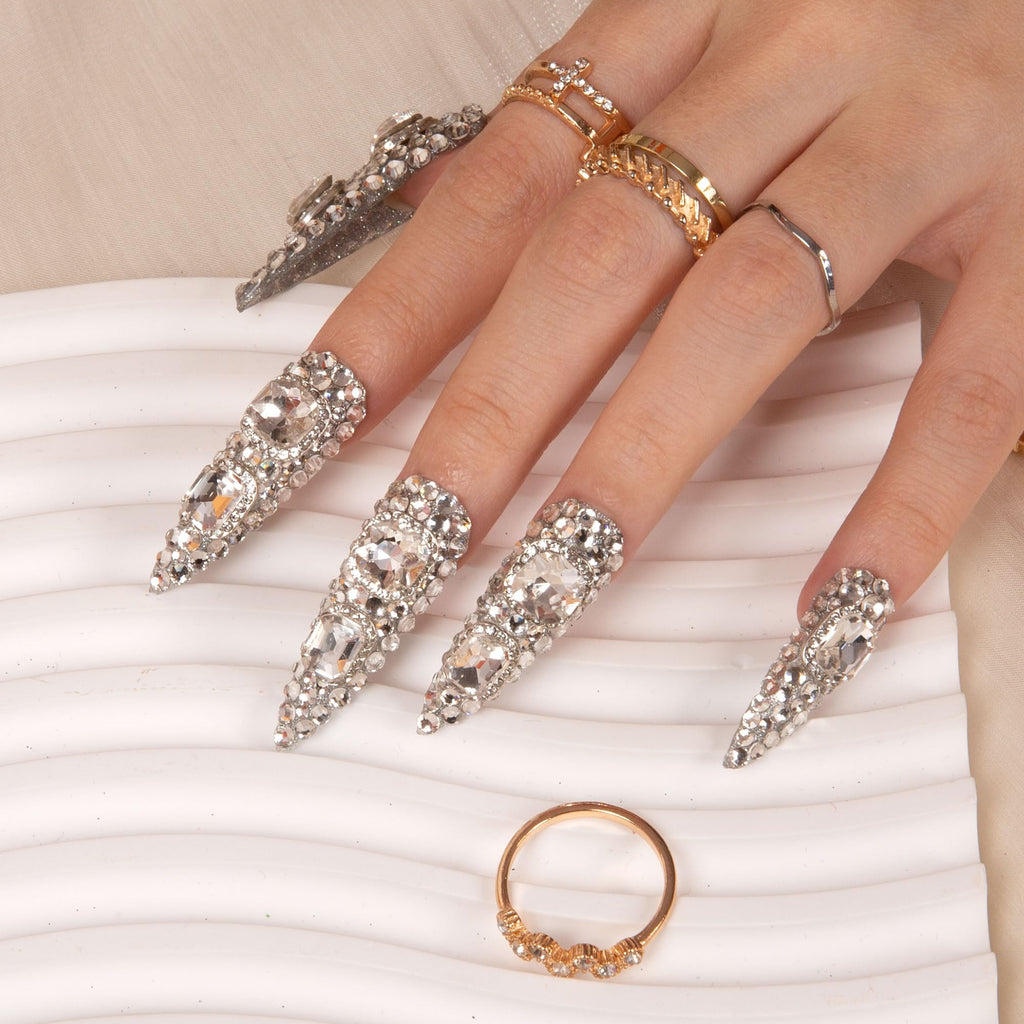 LOVFUL Press on Nails Silver Majesty | Handmade Full-Cover Crystals, Reusable Stiletto Nails