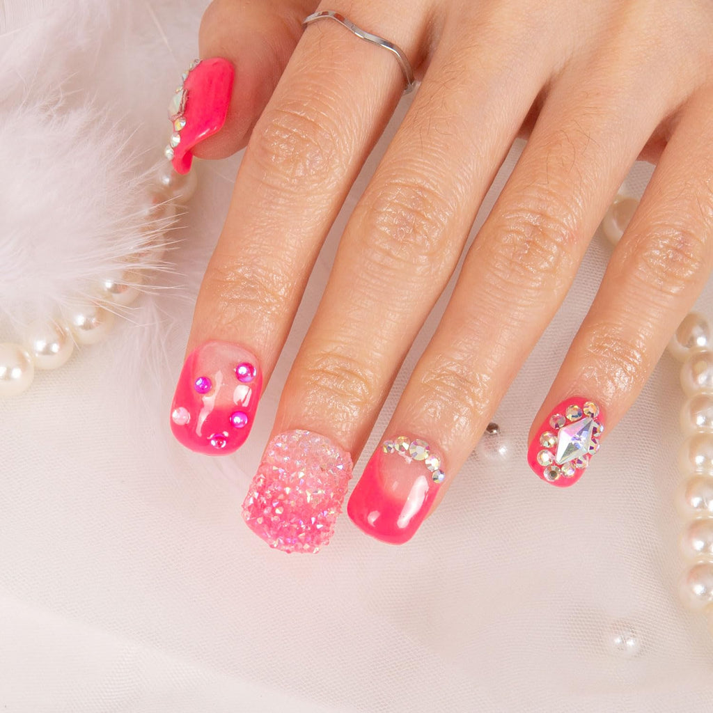 LOVFUL Pink Typhoon Press-On Nails – Full Crystal, Reusable, Square Short 0.8 in