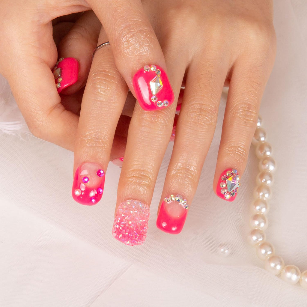 LOVFUL Pink Typhoon Press-On Nails – Full Crystal, Reusable, Square Short 0.8 in