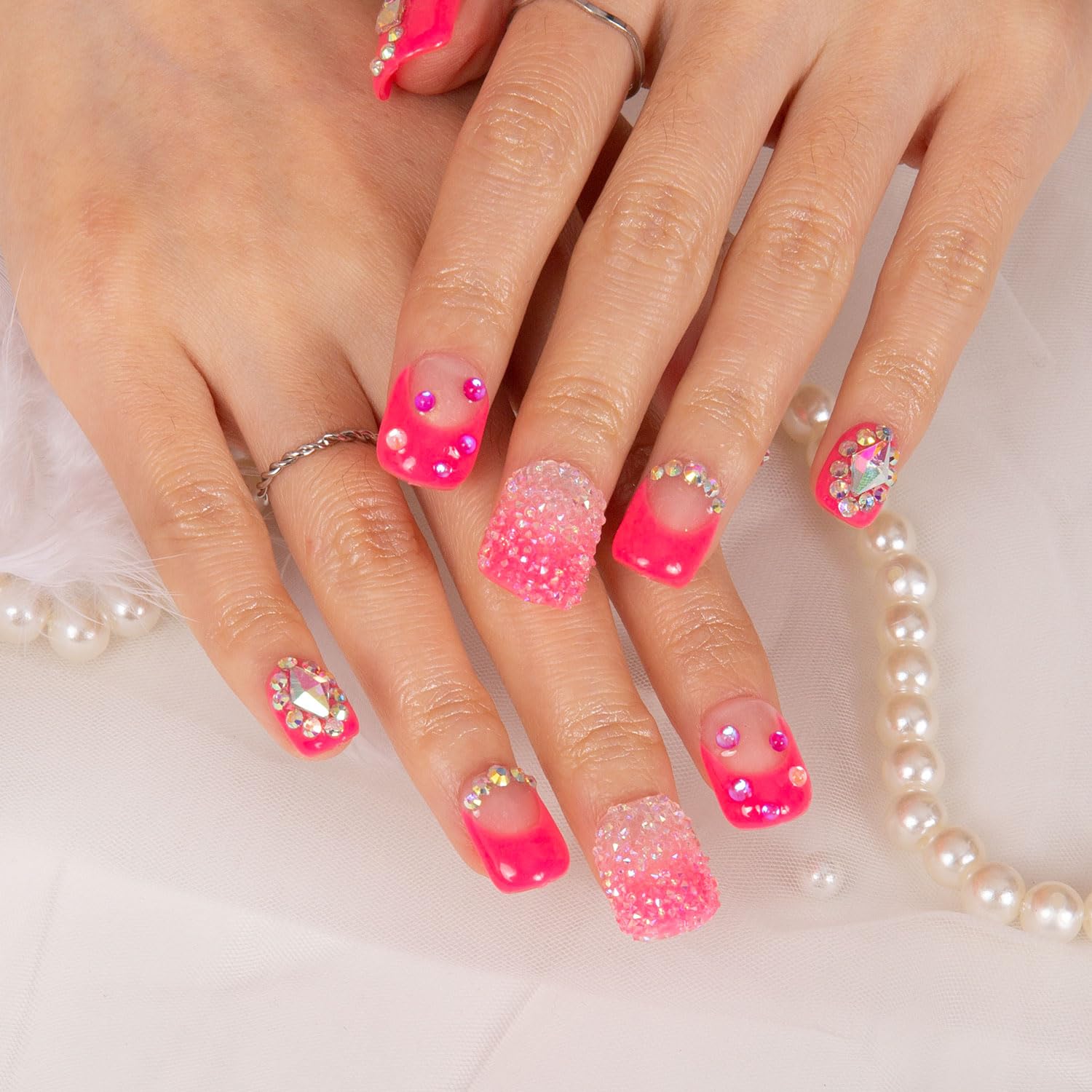 LOVFUL Pink Typhoon Press-On Nails – Full Crystal, Reusable, Square Short 0.8 in