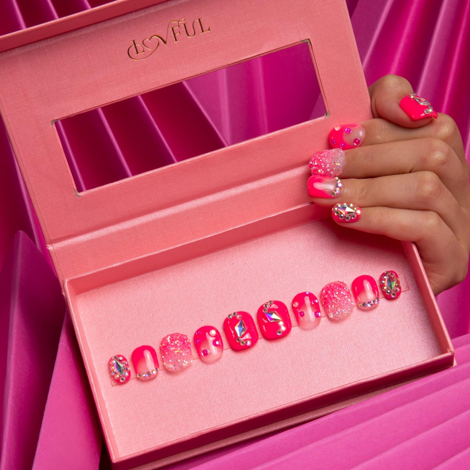 LOVFUL Pink Typhoon Press-On Nails – Full Crystal, Reusable, Square Short 0.8 in