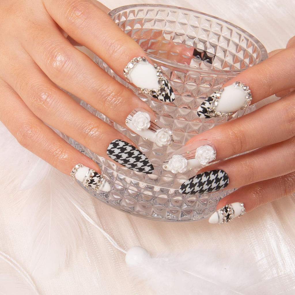 LOVFUL Houndstooth Press-On Nails – Full-Covered Crystals, Reusable Almond Regular 1.0 in
