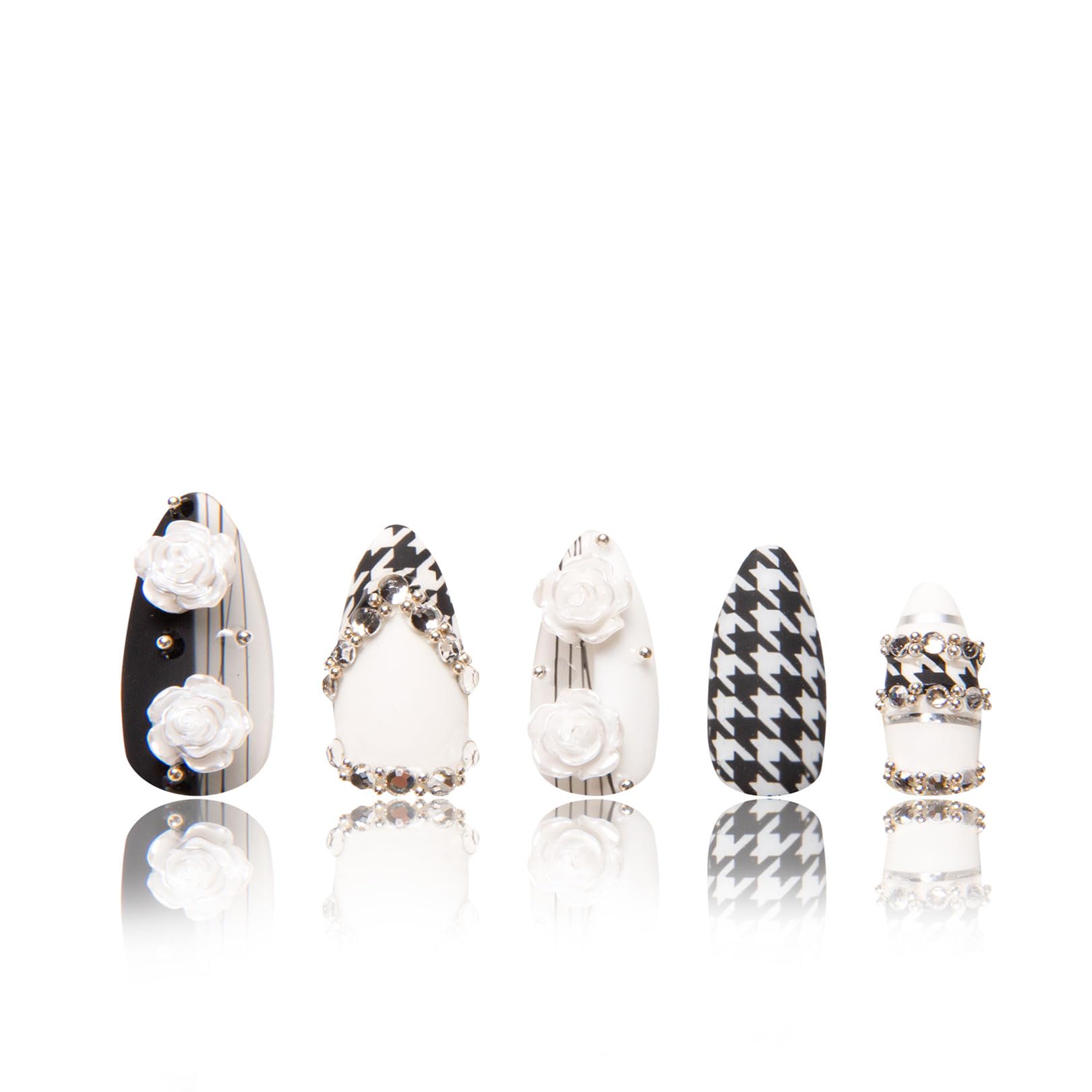 LOVFUL Houndstooth Press-On Nails – Full-Covered Crystals, Reusable Almond Regular 1.0 in
