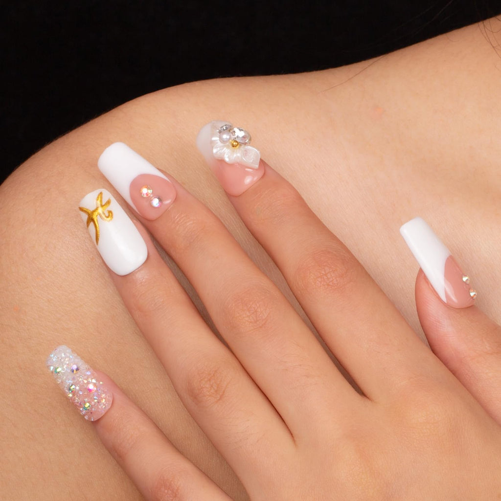 LOVFUL Press on Nails: Only You French Tip – Handmade with Full Crystals, Reusable Square 1.0 in