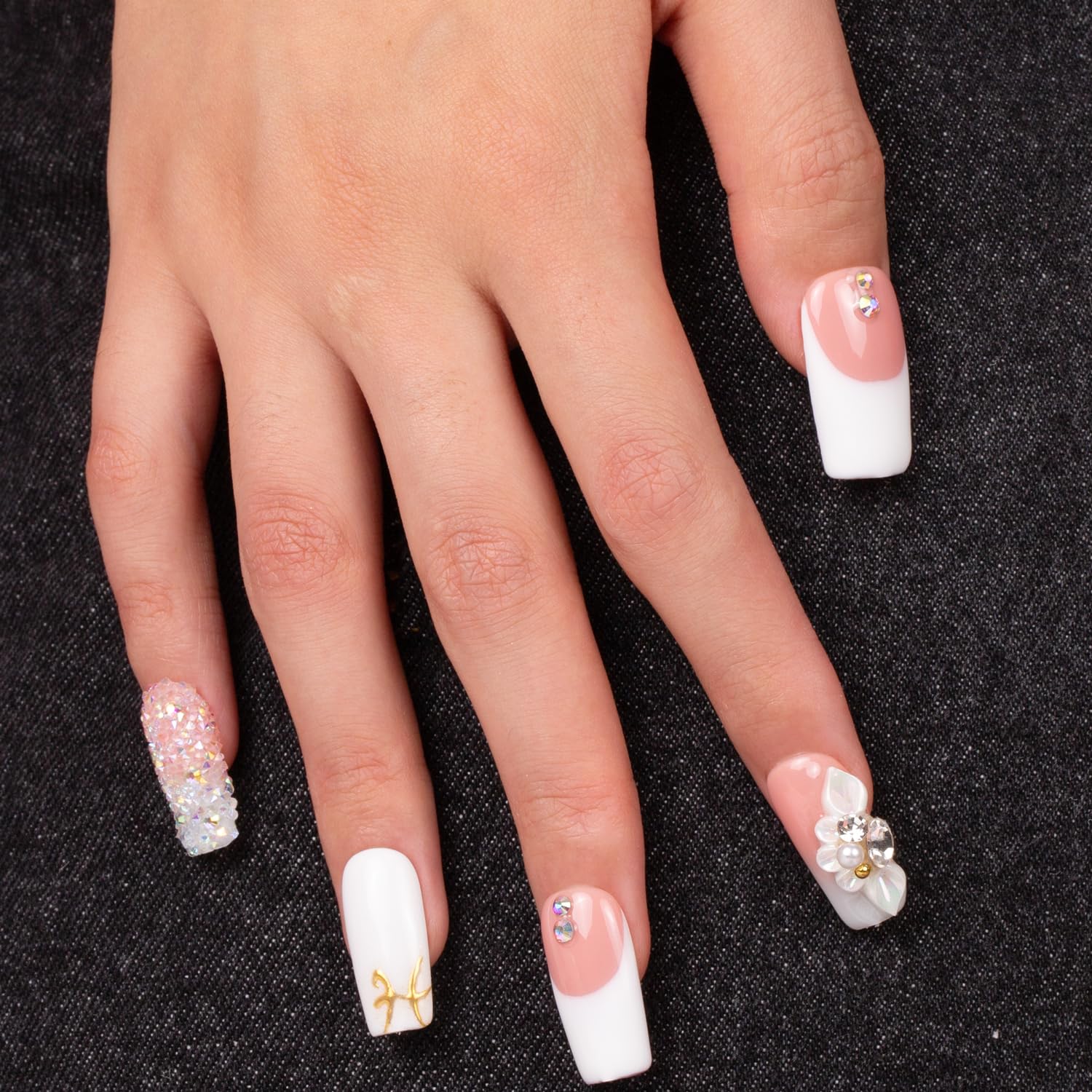 LOVFUL Press on Nails: Only You French Tip – Handmade with Full Crystals, Reusable Square 1.0 in