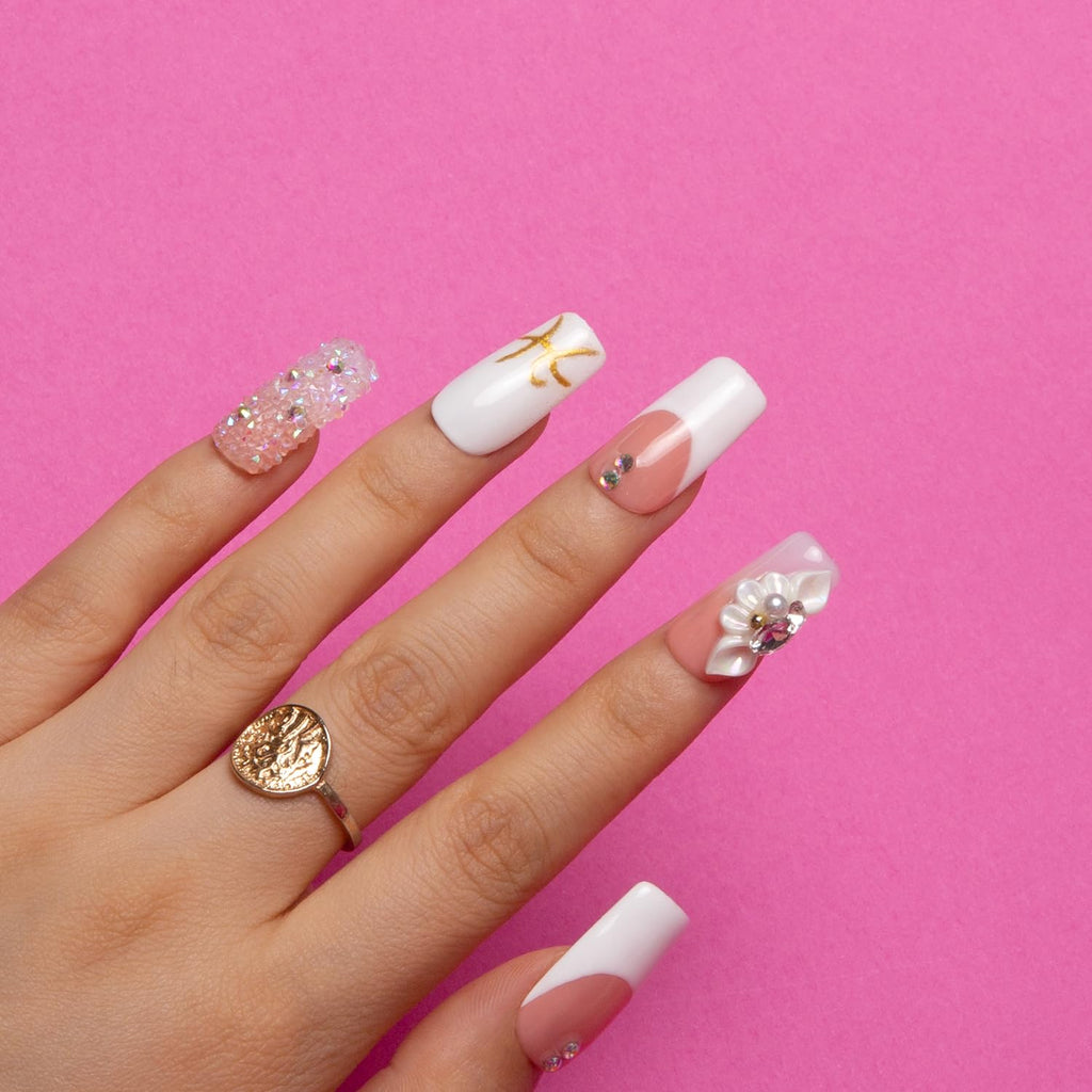 LOVFUL Press on Nails: Only You French Tip – Handmade with Full Crystals, Reusable Square 1.0 in