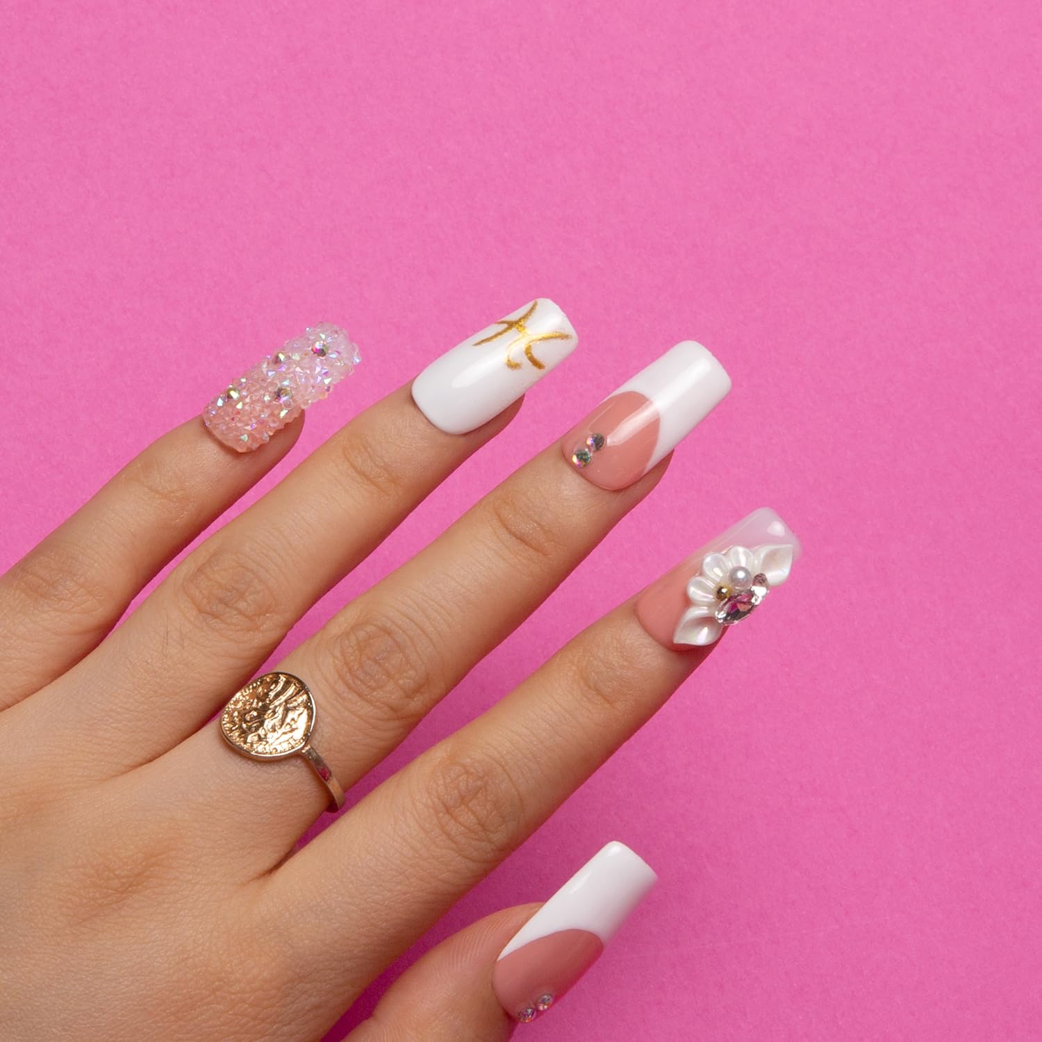LOVFUL Press on Nails: Only You French Tip – Handmade with Full Crystals, Reusable Square 1.0 in