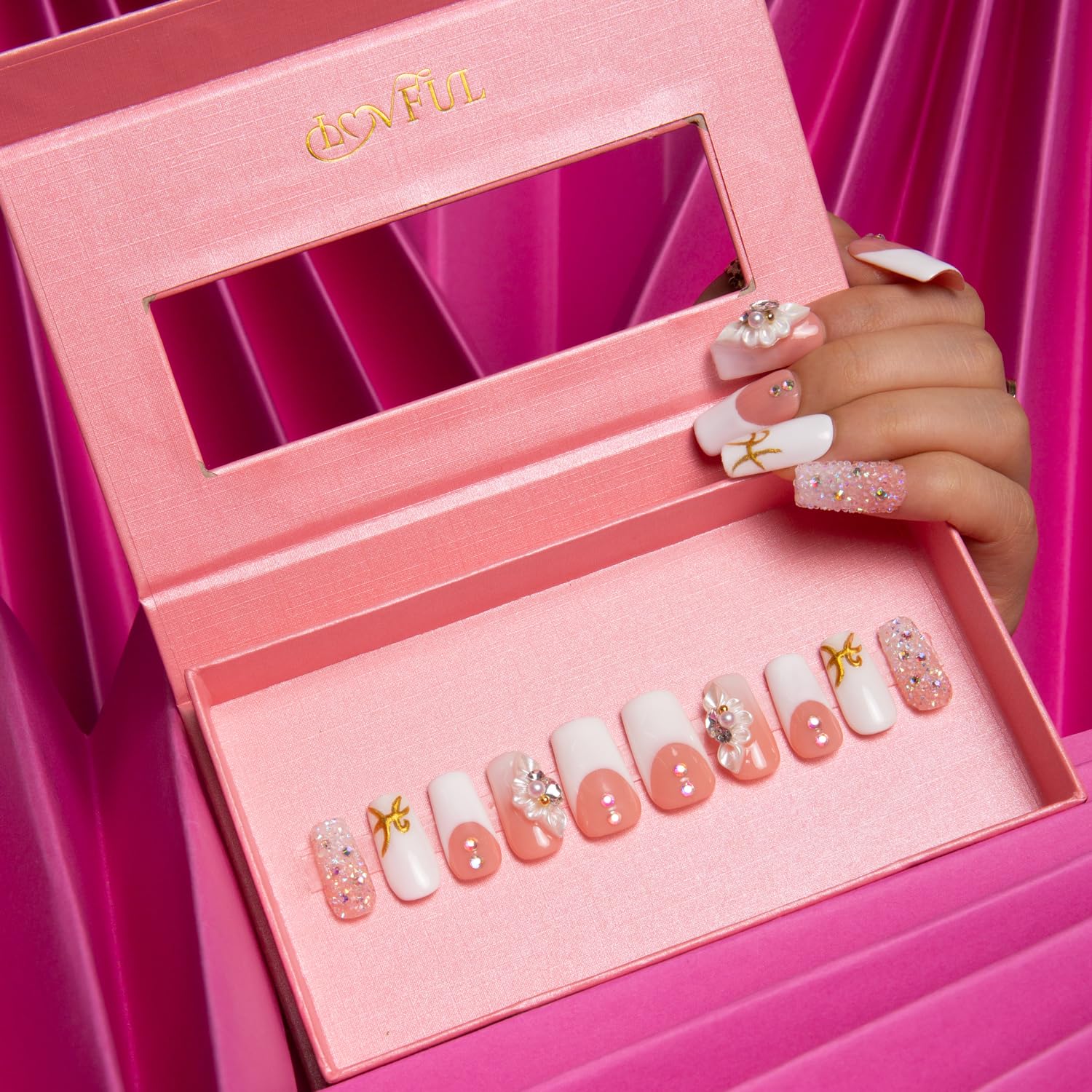 LOVFUL Press on Nails: Only You French Tip – Handmade with Full Crystals, Reusable Square 1.0 in