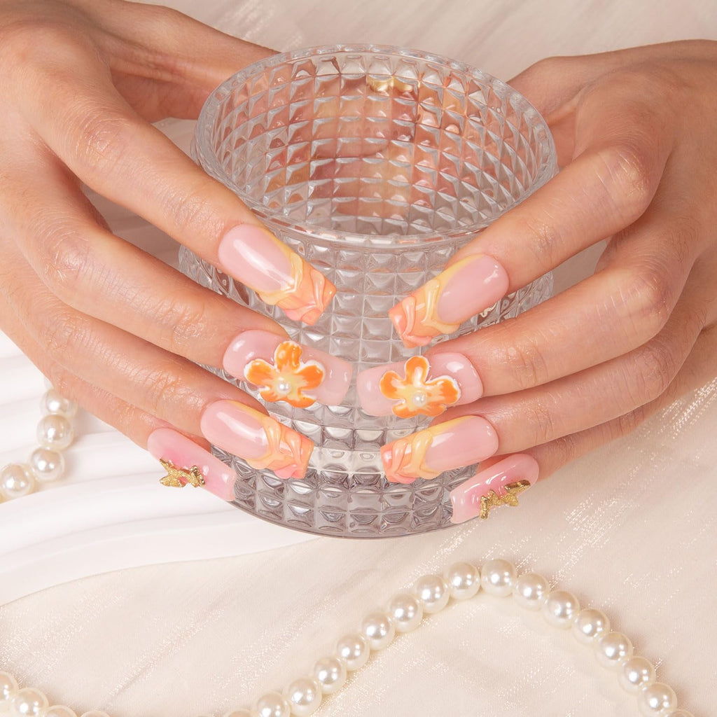 LOVFUL Tropical Fantasy Press on Nails – Handmade Full-Covered Crystals, Reusable Square 1.0 in