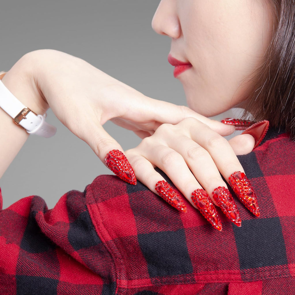 LOVFUL Flaming Luxury Red Stiletto Press-On Nails – Full Crystal, Reusable, 1.7in Mid Length