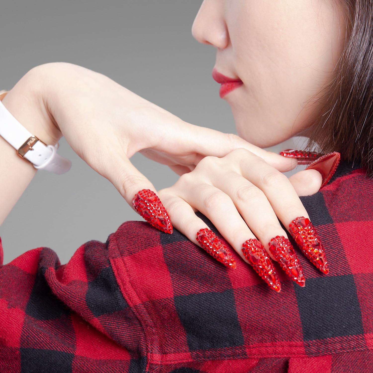 LOVFUL Flaming Luxury Red Stiletto Press-On Nails – Full Crystal, Reusable, 1.7in Mid Length