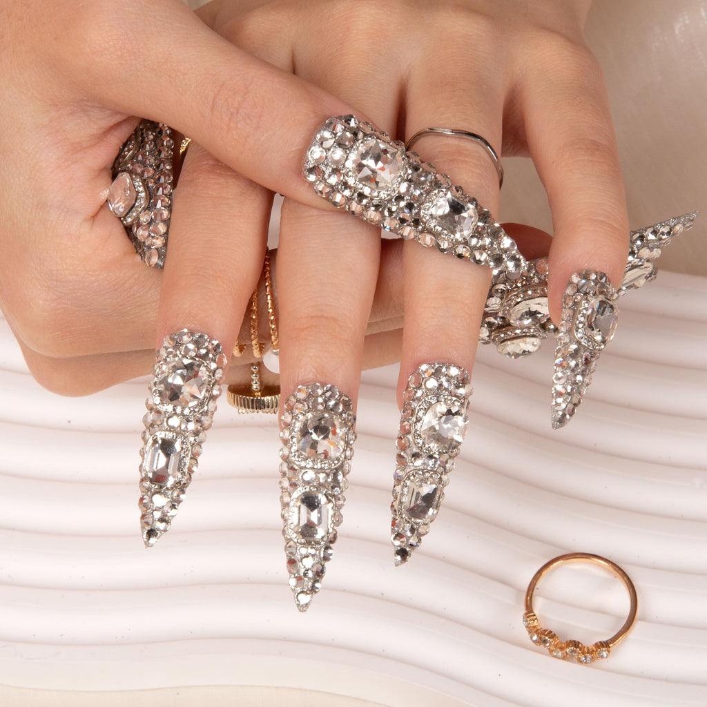 LOVFUL Press on Nails Silver Majesty | Handmade Full-Cover Crystals, Reusable Stiletto Nails