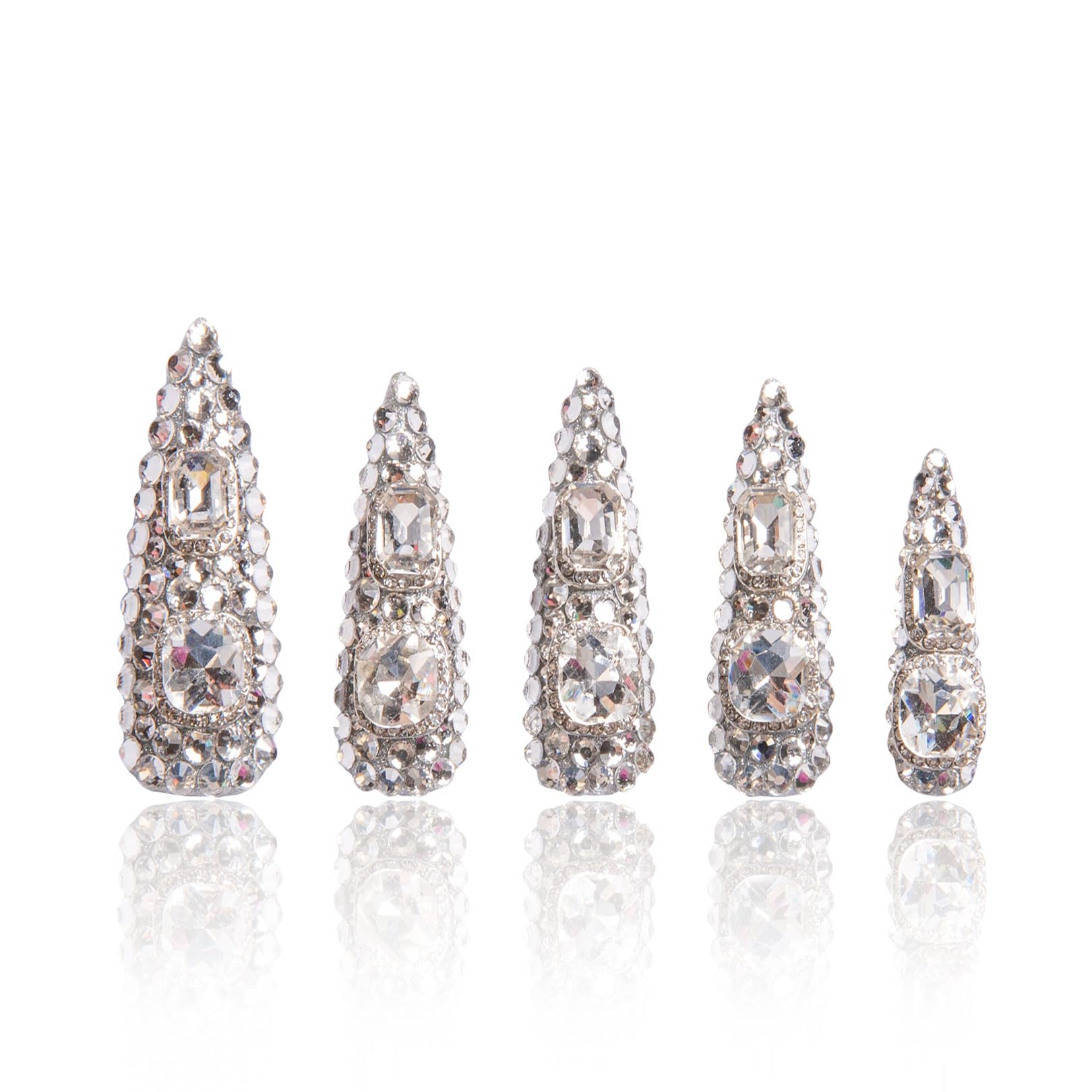LOVFUL Press on Nails Silver Majesty | Handmade Full-Cover Crystals, Reusable Stiletto Nails