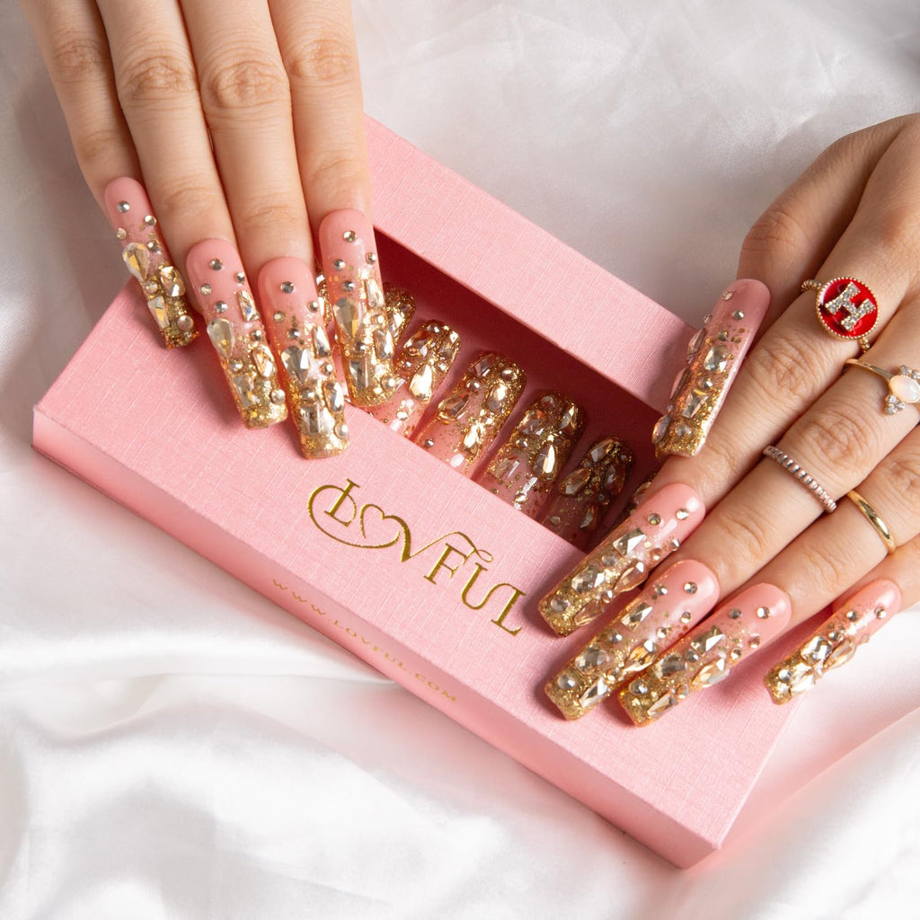 LOVFUL Stardust Gold Rhinestone Press-On Nails – Square Mid Length 1.7in | Reusable Crystal Set