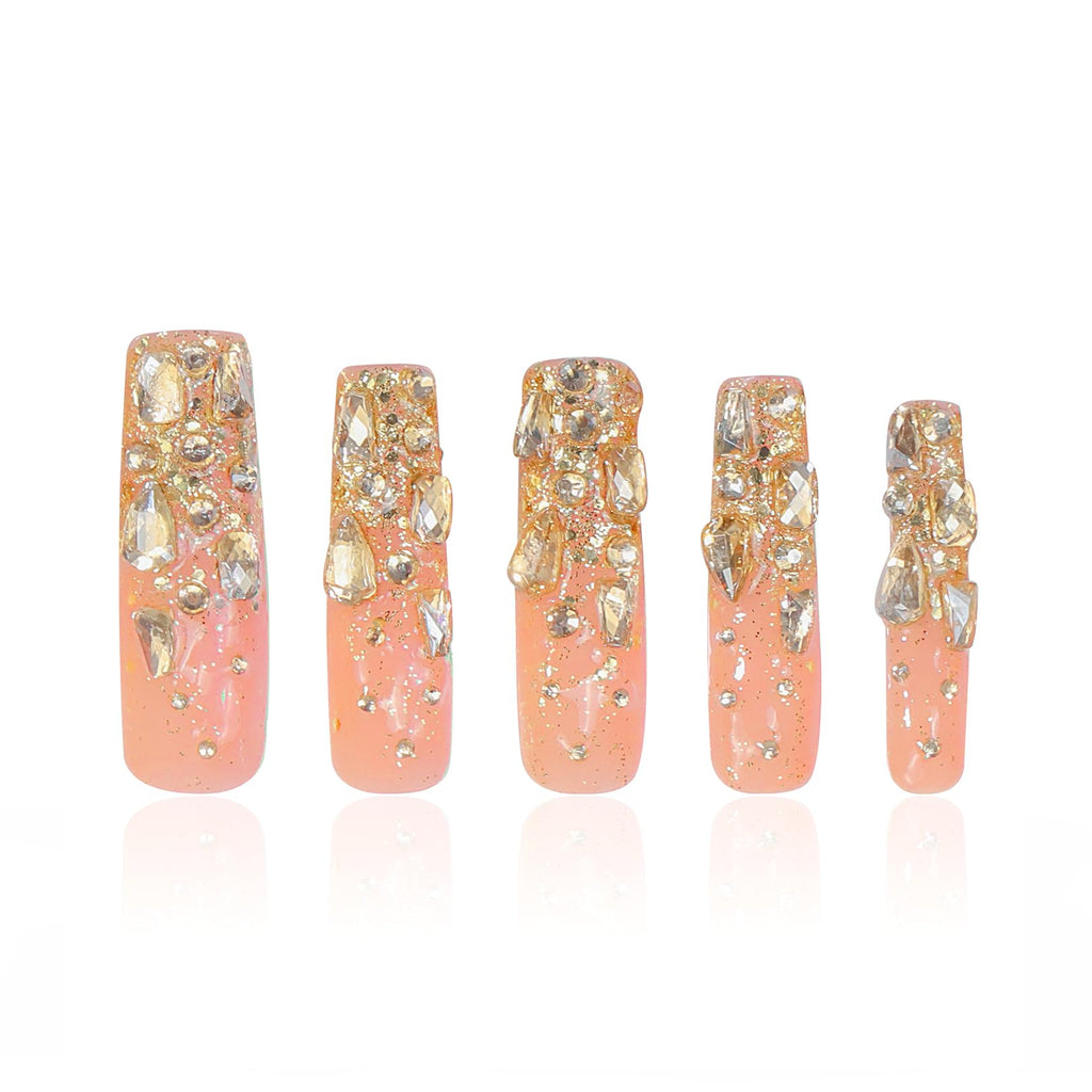 LOVFUL Stardust Gold Rhinestone Press-On Nails – Square Mid Length 1.7in | Reusable Crystal Set