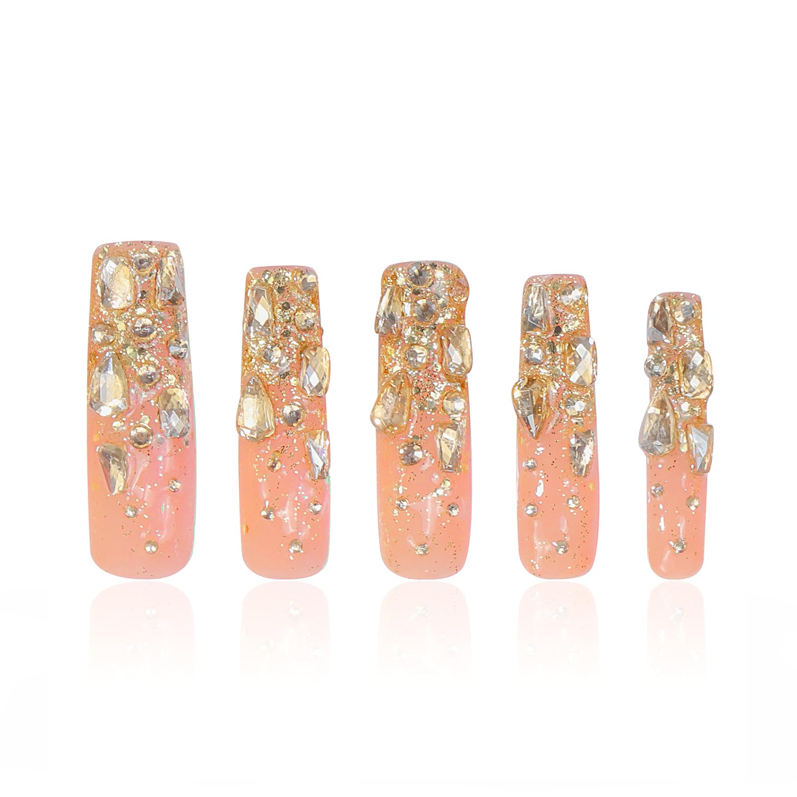 LOVFUL Stardust Gold Rhinestone Press-On Nails – Square Mid Length 1.7in | Reusable Crystal Set